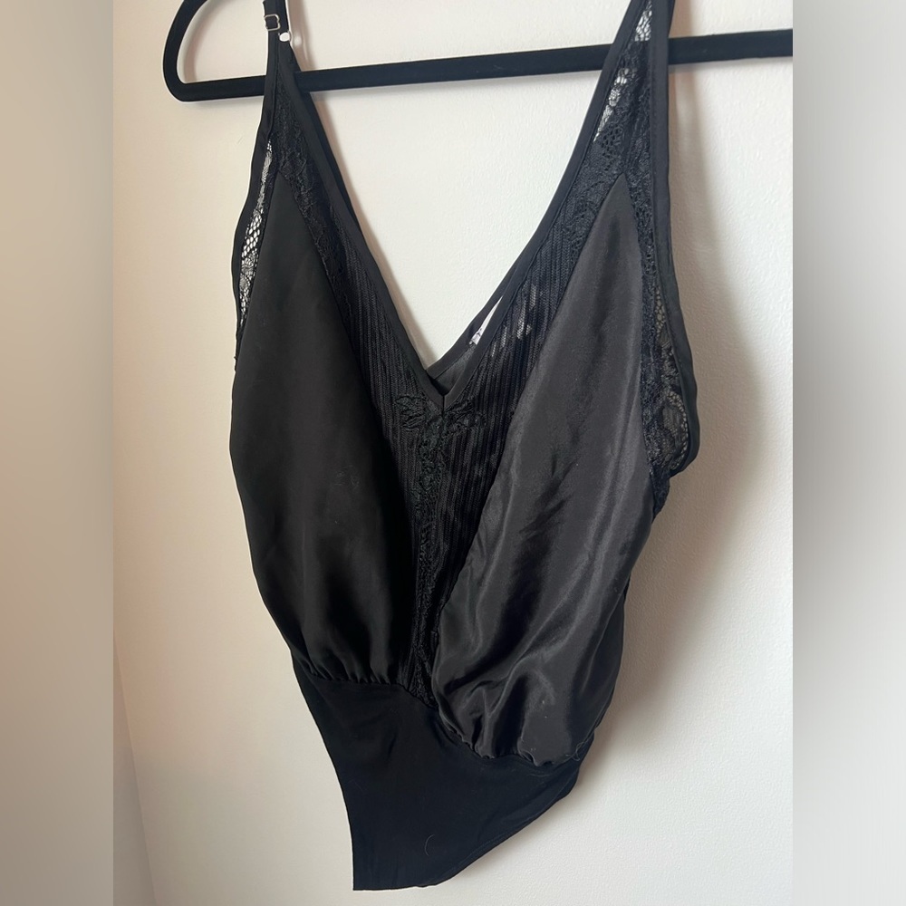 About Us x Revolve Black Lace Satin Embroidered Camisole Bodysuit XS